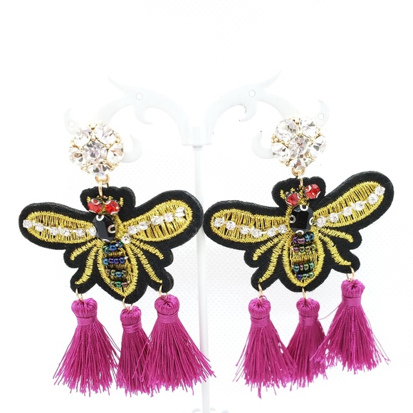 Bee earrings, handmade jewelry,  tassel earrings - Picture 2 of 4